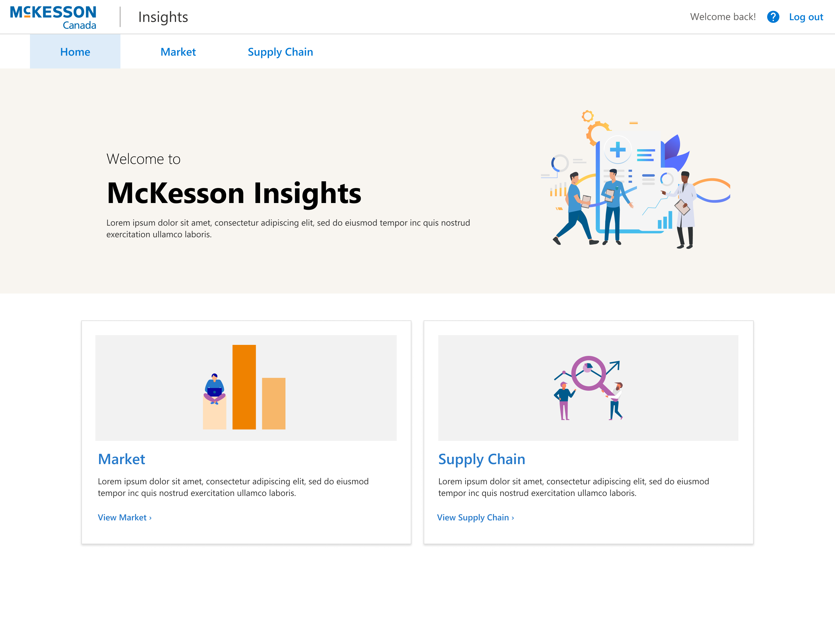 Landing page of application showing two main sections: Market and Supply Chain.